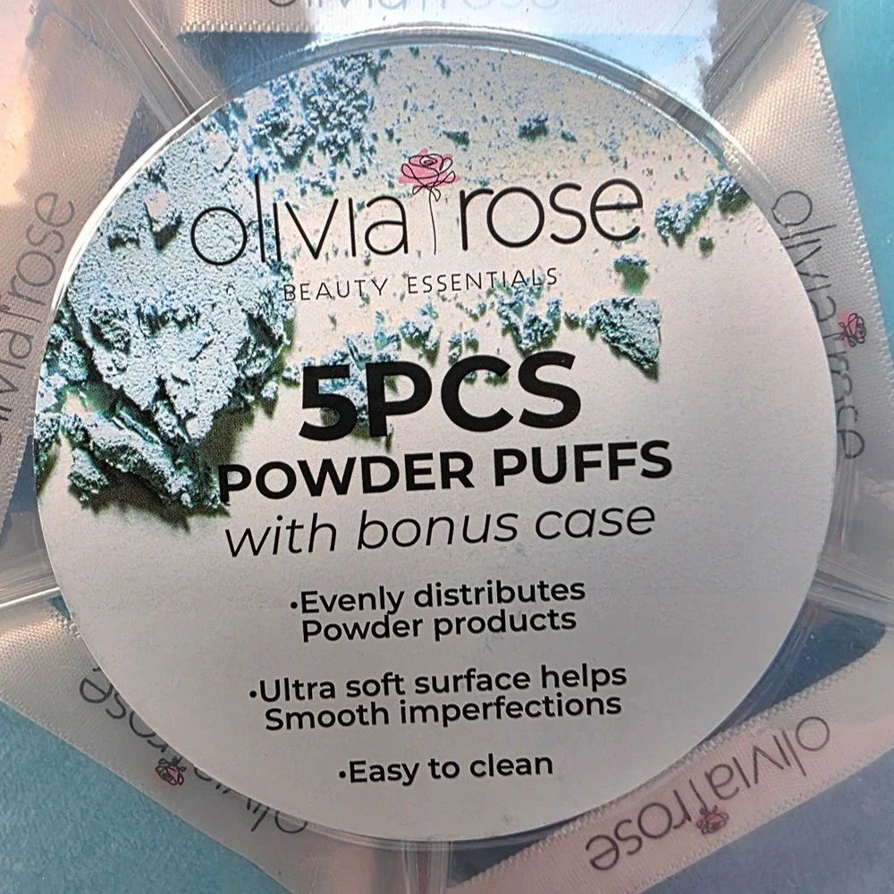 Olivia Rose Beauty Essentials 5‎ Piece Powder Puffs with Bonus Case Blue New